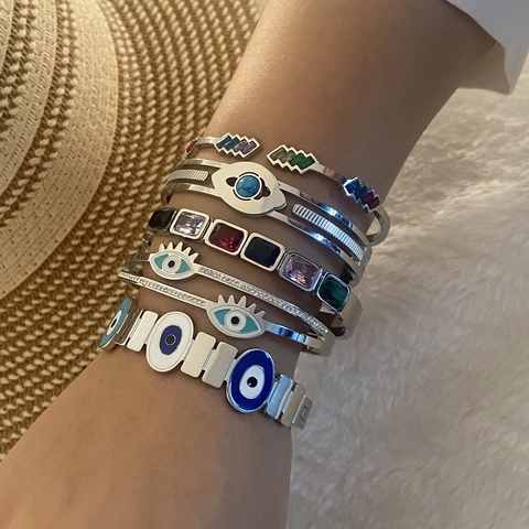 Bohemian Stainless Steel Evil Eye Bangle For Women Enamel Rhinestone Turquoise Flower Cuff Bracelet Fashion Hand Jewelry