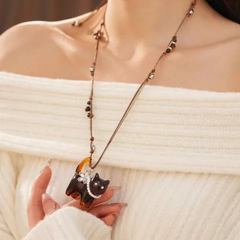 Lindo Collar Con Colgante De Gato Resina Piedra Ojo De Tigre Imitación Perla Artificial Cuerda Tejida Larga Cadena De Suéter