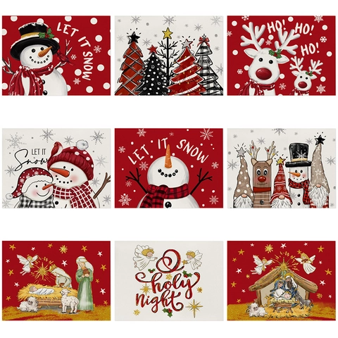 Christmas Placemats Cotton Linen Waterproof Heat Resistant Table Decoration Snowman Reindeer Tree Nativity Print