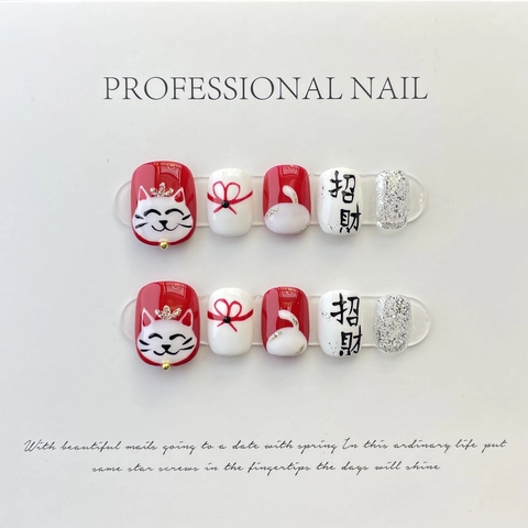 Handmade Press On Nails Red Glitter Hand Painted Lucky Cat New Year Style Reusable False Nails For Women