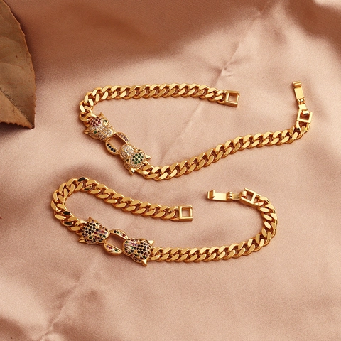 Bracciale A Catena Cubana Con Testa Di Leopardo Rame Placcato Oro Con Zircone Multicolore Gioielli Hip Hop