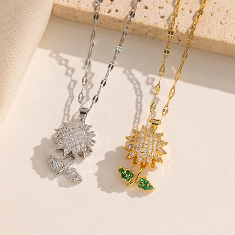 Collana con Ciondolo a Girasole Rotante in Acciaio Inossidabile per Donna con Strass Intarsiati Gioielli Antistress
