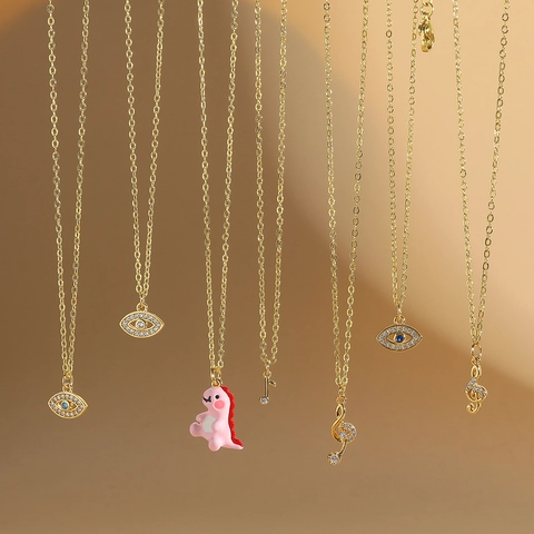 Collana Pendente Dinosauro Malocchio Nota Musicale Rame Zirconia Smalto Minimalista Catena Clavicola Donne