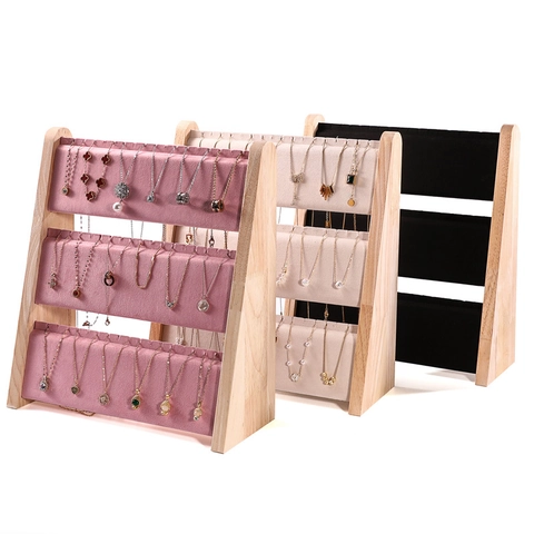 Solid Wood Jewelry Display Stand Necklace Holder Velvet Inclined Showcase Organizer Retail Prop