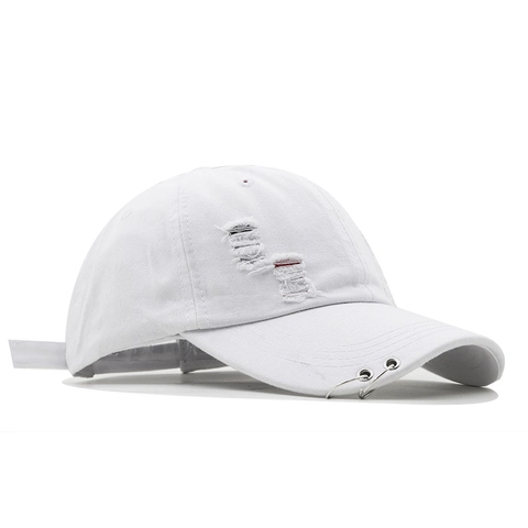 Distressed Denim Baseball Cap With Metal Rings Cotton Ripped Streetwear Fashion Sunshade Hat Adjustable For Men Women
