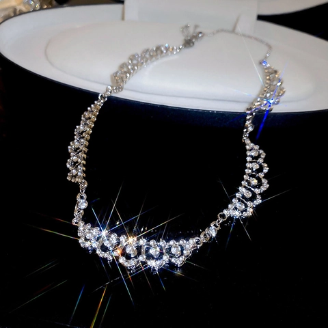 Elegant Water Drop Lace Rhinestone Clavicle Necklace Alloy Wave Sparkly Choker For Women Formal Evening Jewelry