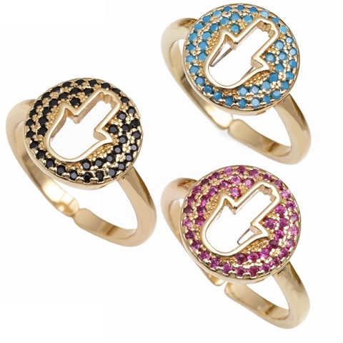 Hamsa Hand Adjustable Ring Copper Micro Inlaid Zircon Fatima Hand Lucky Protection Bohemian Jewelry Gift For Women