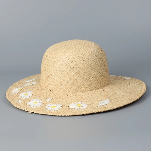 Cappello Da Sole In Paglia Di Rafia Naturale Tesa Larga Tessuto A Mano Ricamo Margherita Spiaggia Estate Elegante Da Donna
