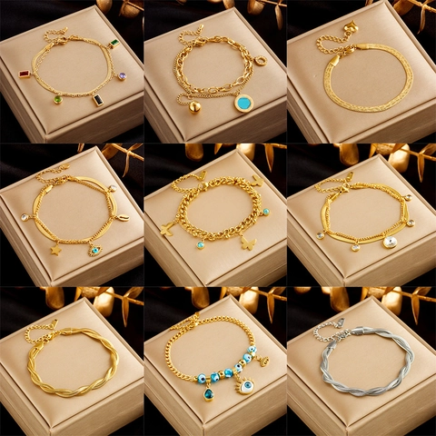 Mehrlagiges Edelstahl Armband Für Damen Gold Strass Böser Blick Schmetterling Stern Anhänger Schlangenkette Verstellbar Schmuck
