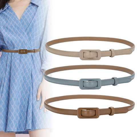Women's Genuine Leather Belt Slim Skinny Cowhide Waistband With Rectangle Leather Wrapped Alloy Buckle Minimalist Elegant