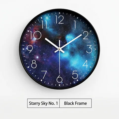 Wall Clock Starry Sky Galaxy Pattern Silent Non Ticking Decorative Round Quartz Plastic Frame Glass Cover For Home Office