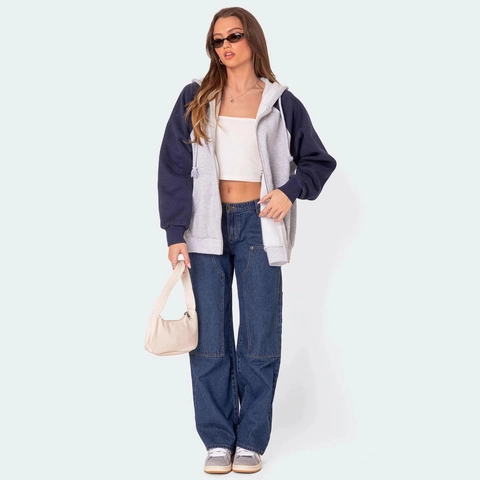 Women Cargo Jeans Denim Wide Leg Double Knee Multi Pocket Rivets Streetwear Retro Loose Straight Fit Pants