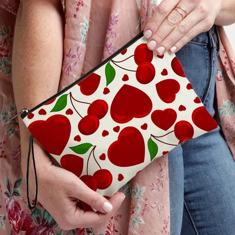 Heart Cherry Print Makeup Bag Imitation Linen Portable Cosmetic Pouch With Wrist Strap Zipper Storage Case For Women
