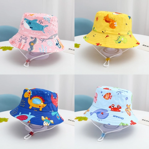 Kids Bucket Hat Cotton Sun Protection Windproof Adjustable Strap Cartoon Animal Fruit Pattern Outdoor Toddler