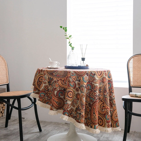 Vintage Amerikaanse Ronde Tafelkleed Paisley Jacquard Bloemmotief Kwastjes Franjes Katoen Linnen Tafelkleed Decoratie