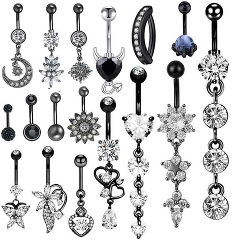 Belly Button Rings Black Stainless Steel Cubic Zirconia Navel Piercing Heart Moon Devil Gothic Punk Body Jewelry For Women