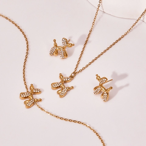 Balloon Dog Jewelry Necklace Earrings Bracelet Stainless Steel Micro Paved Zircon For Women Cute Pop Art Style Accessory