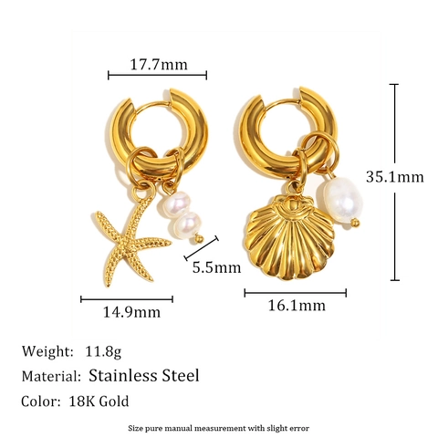 Orecchini A Cerchio Asimmetrici Oceano Stella Marina Conchiglia Acciaio Inossidabile Placcato Oro 18K Perla Artificial Stile Spiaggia Per Donne