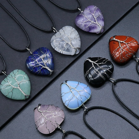 Heart Shaped Natural Stone Tree Of Life Wire Wrapped Pendant Necklace Healing Crystal Jewelry For Women