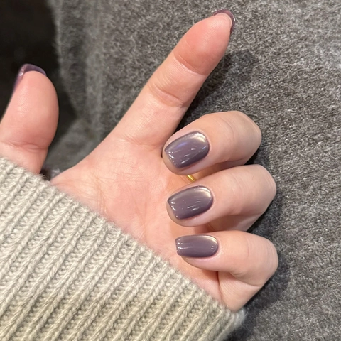 Cat Eye Effect Press On Nails Grey Purple Short Square Shape Elegant Women Fashion Manicure Artificial Fake Nails