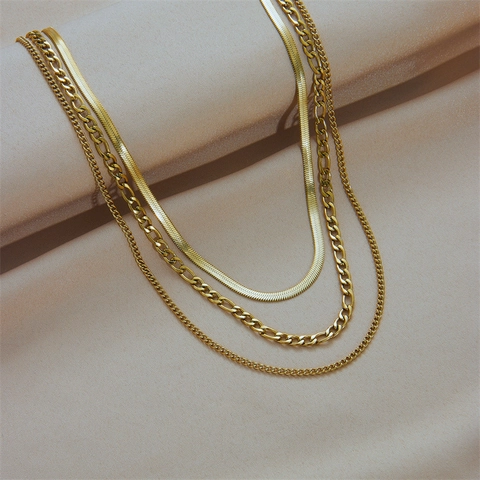 Collana A Strati Placcata Oro 18K Acciaio Inossidabile Catena Serpente Figaro Gioielli Eleganti Minimalisti Per Donna