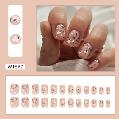 Frische Blumenmuster Künstliche Fingernägel Kurz Eckig Nude Rosa Glänzend ABS Acryl Nagelspitzen Für Damen Täglich Dekor