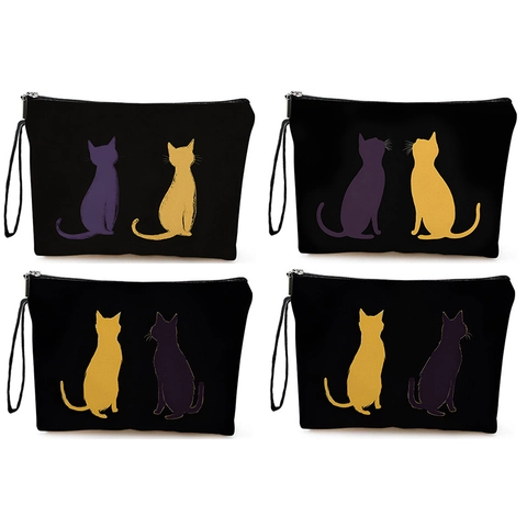 Cute Cat Silhouette Print Cosmetic Bag Canvas Polyester Zipper Makeup Pouch Travel Toiletry Organizer Stationery Case
