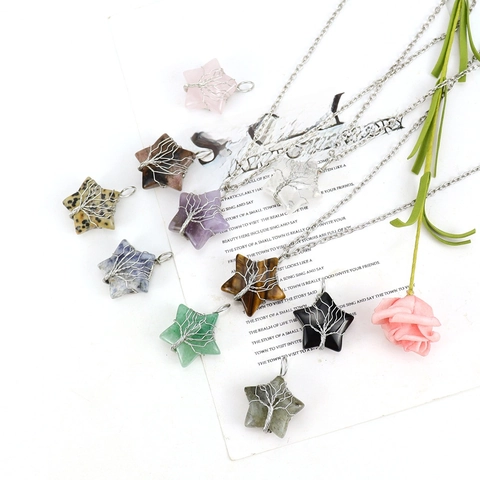 Tree Of Life Wire Wrapped Pendant Necklace Star Natural Stone Healing Crystal Jewelry For Women Handmade