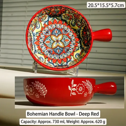 Ciotola con Manico in Ceramica Bohemien Motivo Mandala Adatta al Microonde Forno Ciotola da Forno Stile Retro Stoviglie da Cucina