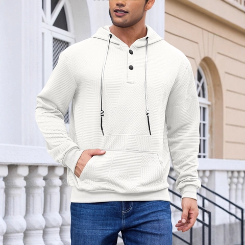 Men Hoodie Textured Jacquard Button Henley Neck Long Sleeve Casual Pullover Sweatshirt With Kangaroo Pocket
