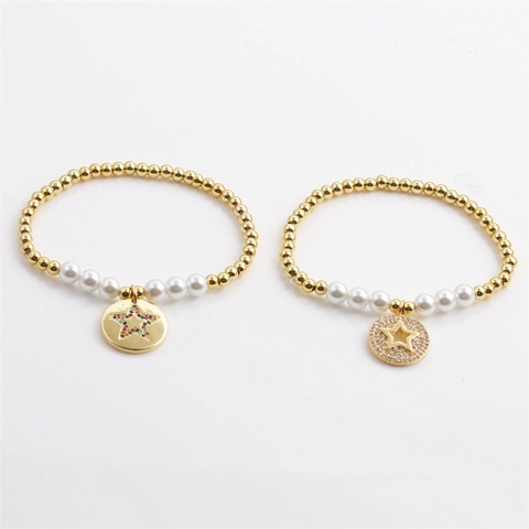 Beaded Bracelet With Copper Beads And Faux Artificial Pearls Zircon Inlaid Star Moon Charms Elastic Fashion Jewelry For Women