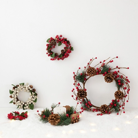 Corona De Navidad De Bayas Artificiales Y Piñas Anillo De Vela Para Decoración De Mesa Guirnalda De Bayas Rústicas Para Navidad