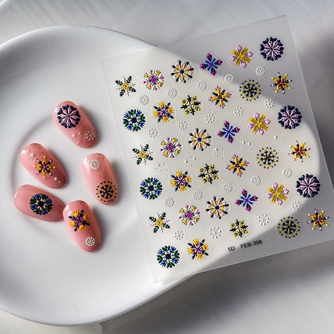 5D Embossed Nail Art Stickers Self Adhesive Waterproof Relief Colorful Snowflake Mandala Japanese Style For Women Manicure