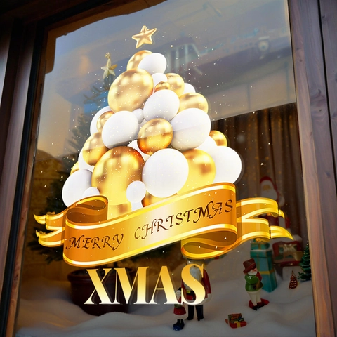 Christmas Window Stickers PVC Static Adsorption Gold Balloon Christmas Tree Pattern Both Sides Visible For Glass Door Home Decor