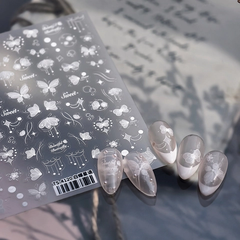 White Butterfly Nail Art Stickers Self Adhesive Ultra Thin Star Heart Patterns Korean Style DIY Manicure Decor