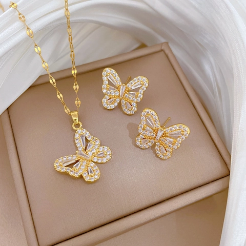 Butterfly Pendant Necklace And Stud Earrings Jewelry Zircon Inlaid Stainless Steel Elegant Luxury Accessories For Women