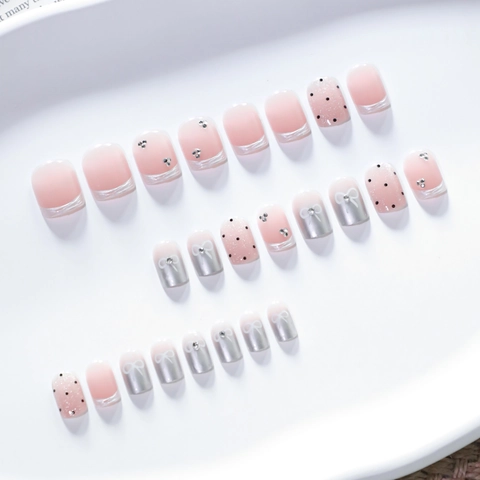 Press On Nails Short Square Pink Gradient White Bow Silver Cat Eye Black Polka Dots Rhinestone Accents Artificial False Nails
