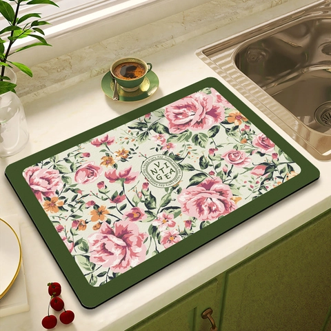 Tappetino Scolapiatti Vintage Floreale Super Assorbente Cucina Piano Lavoro Asciugatura Rapida Antiscivolo Rettangolare