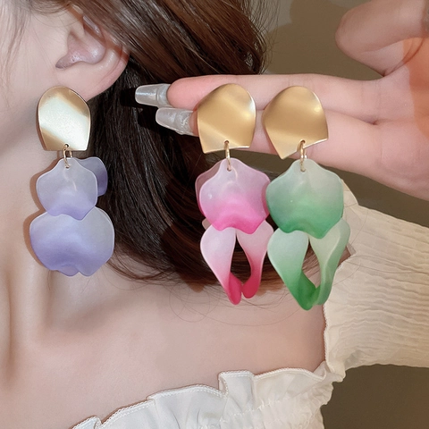 Flower Petal Stud Earrings With 925 Sterling Silver Earring Post Gradient Acrylic Alloy Jewelry For Women Sweet