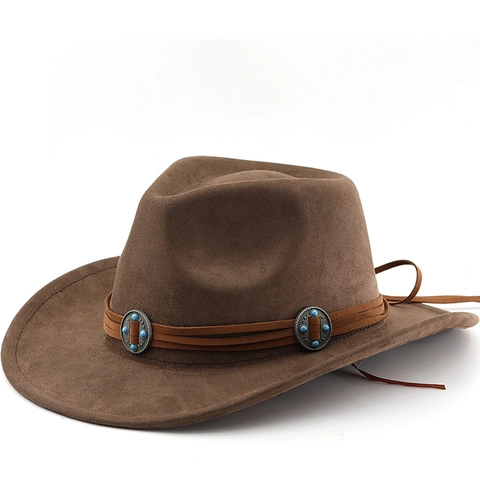 Western Cowboy Hat Suede Felt Wide Brim Vintage Metal Conchos Turquoise Decorative Ethnic Retro Style For Men Women