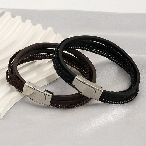 Men Multi-layer Braided Leather Bracelet With Stainless Steel Magnetic Clasp Punk Vintage Style Trendy Wristband
