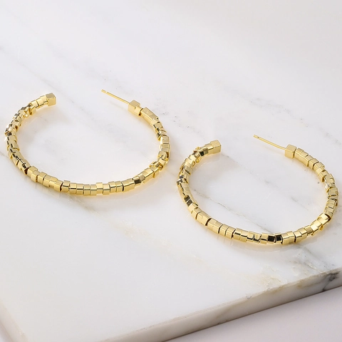 Geometric Cube Linked Hoop Earrings For Women Copper Real Gold Plated C Shaped Retro Modern INS Style Fashion Jewelry