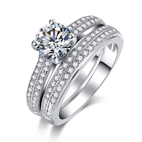 Round Cubic Zirconia Copper Engagement Ring And Band Jewelry For Women Micro Pave Elegant Banquet Sparkling Bridal