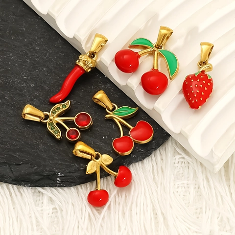 Früchte Anhänger Halskette Kirsche Erdbeere Chili 304 Edelstahl 18K Vergoldet Emaille Zirkon Schmuck Für Damen