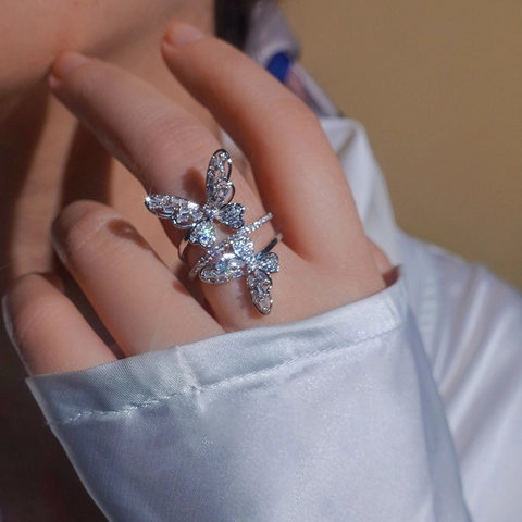 Anillo Abierto De Doble Mariposa Cobre Con Circón Color Plata Ajustable Joyería De Moda Elegante Para Mujer