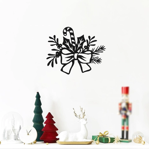Kerst Muurstickers Zwart PVC Silhouet Zuurstok Strik Dennetakken Stickers Voor Woonkamer Feest Decoratie