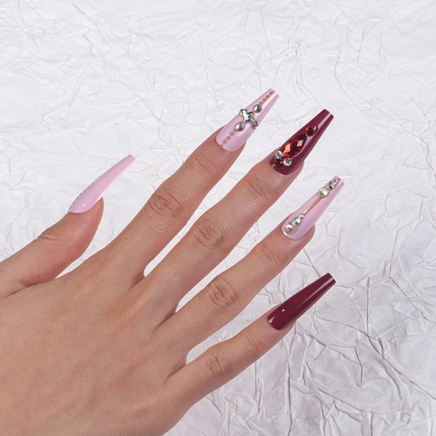 Faux Ongles Coffin Longs Rose Bourgogne Brillant Avec Strass Style Chic Y2K Punk Pour Femmes