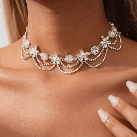Silberfarbene Blumen Straß Quaste Choker Halskette Elegante Kristall Fransen Kragen Schmuck Für Frauen Party Hochzeit