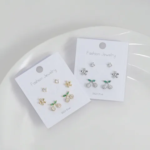 Minimalist Copper Cherry Flower Rhinestone Stud Earrings With 925 Sterling Silver Earring Post Gold Silver Women Jewelry