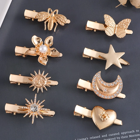 Fermagli Per Capelli Metallo Dorato Donna Stile Coreano Lega Strass Perla Artificial Farfalla Stella Fiore Becco Anatra Accessorio